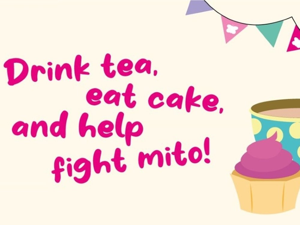 Illustration of teacup, cake and bunting in pastel colours advertising Mito Communi-TEA event